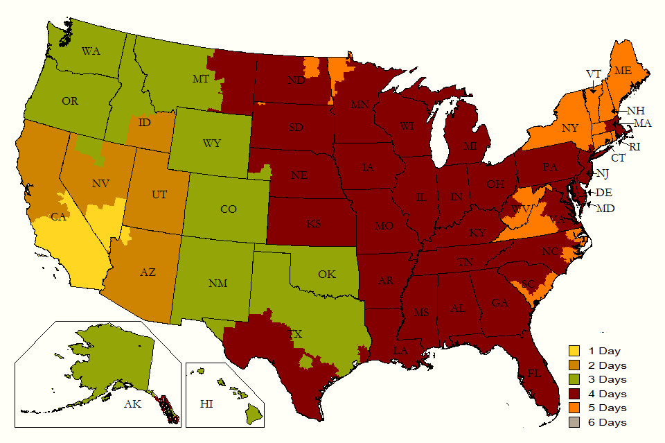 Map of shipping times to various parts of the US